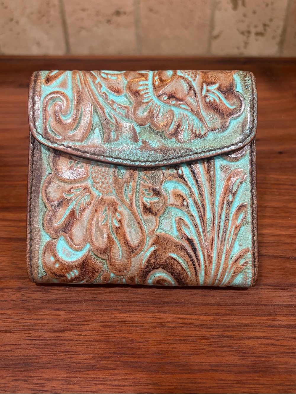 Patricia Nash Cauchy Tooled Leather Wallet - Turquoise/Brown Floral